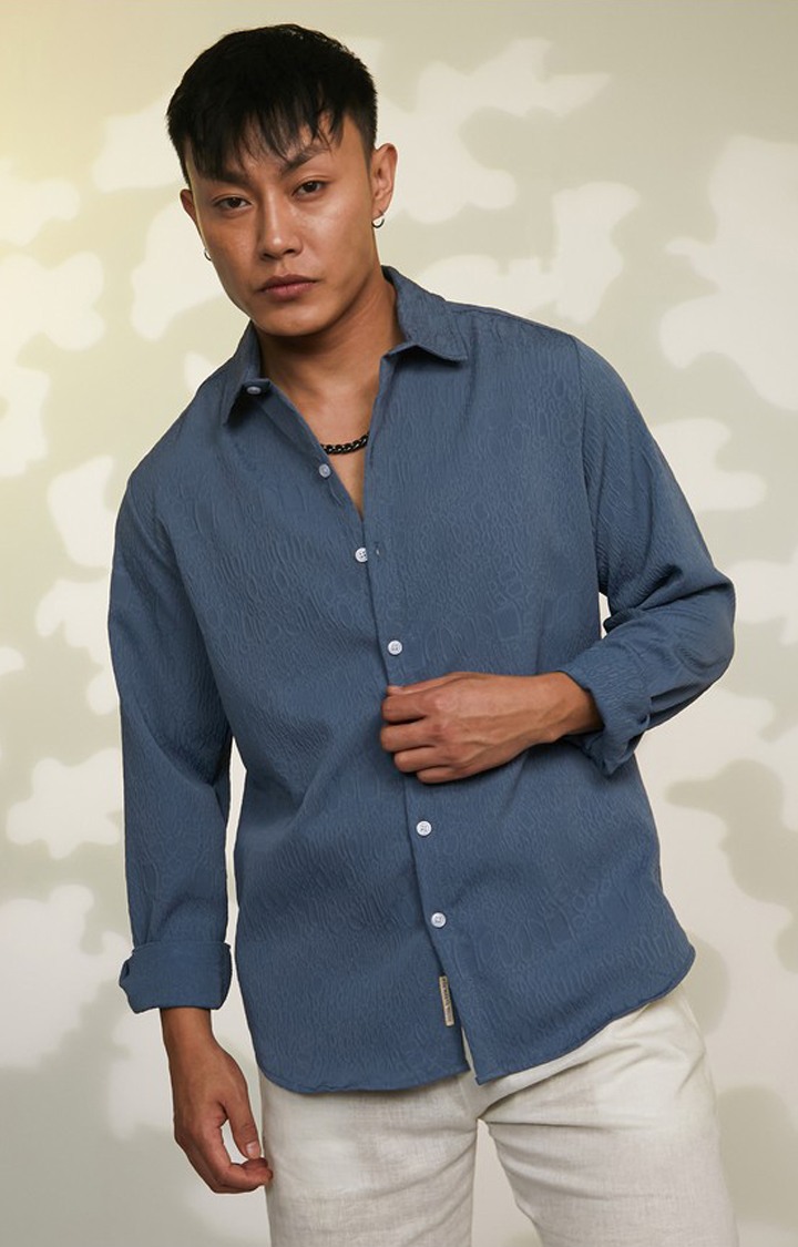 Men's Blue Textured Casual Shirts