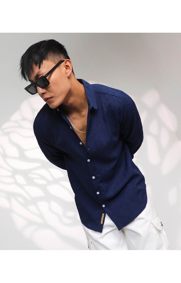 Men's Blue Textured Casual Shirts