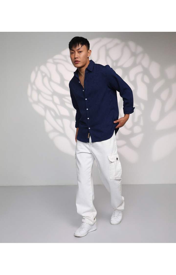 Men's Blue Textured Casual Shirts