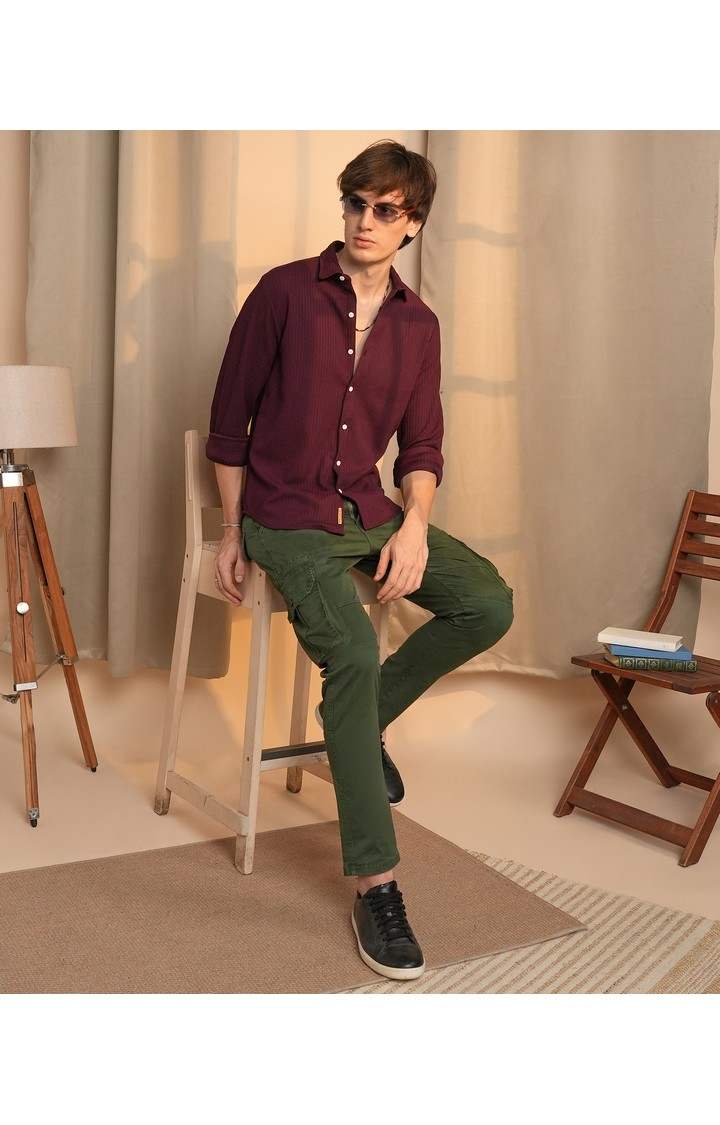 Men's Maroon Striped Casual Shirts