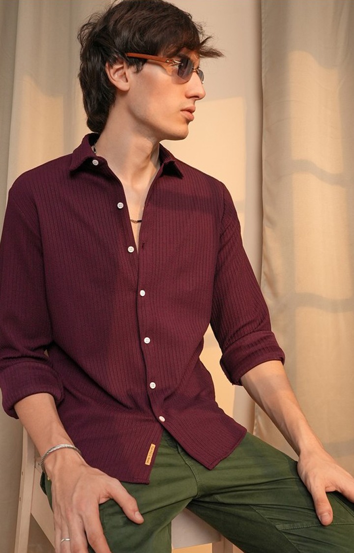 Men's Maroon Striped Casual Shirts
