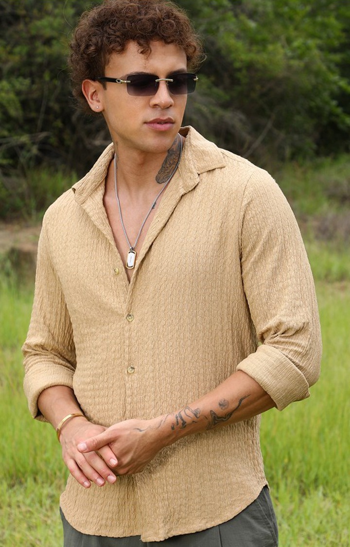 Men's Beige Solid Casual Shirts