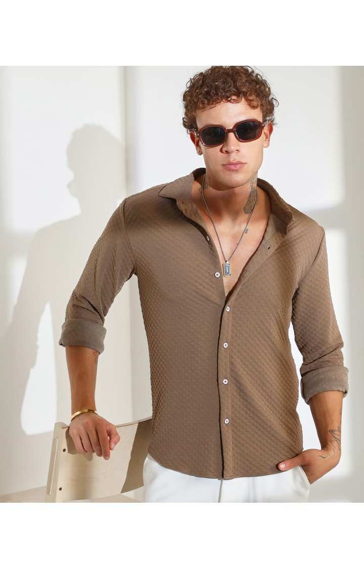 Men's Brown Solid Casual Shirts