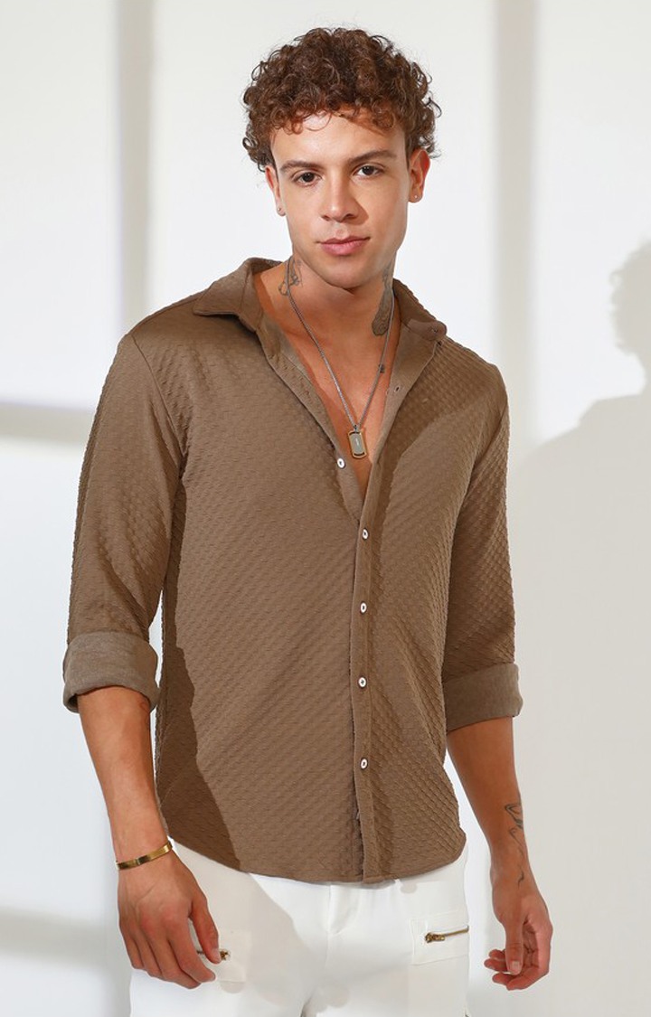 Men's Brown Solid Casual Shirts