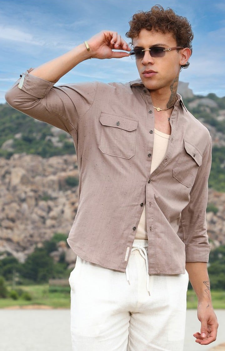 Men's Brown Solid Casual Shirts