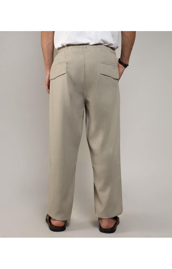 Men's Greige Solid Polyester Trousers