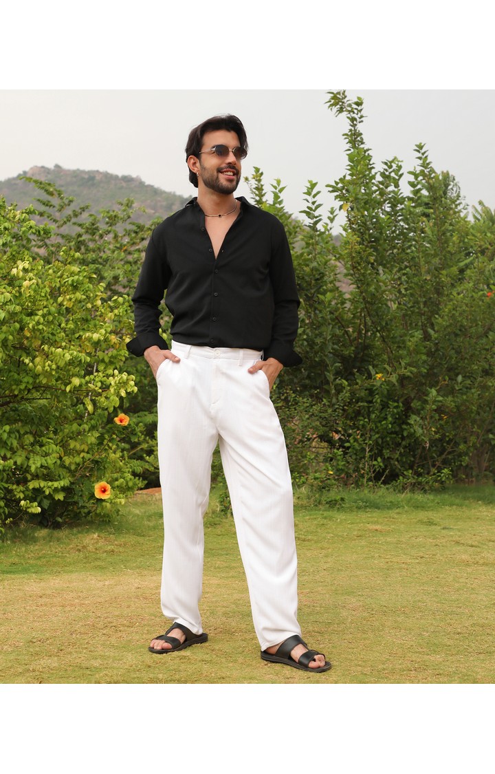 Men's Chalk White Solid Polyester Trousers
