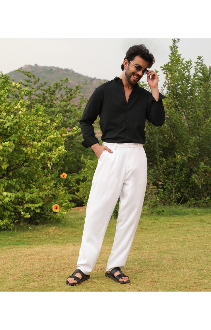 Men's Chalk White Solid Polyester Trousers