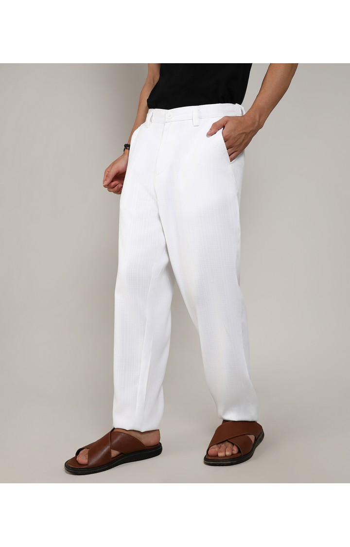 Men's Chalk White Solid Polyester Trousers