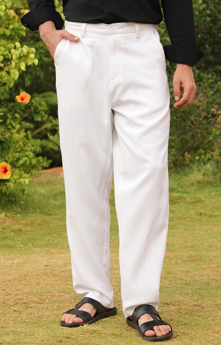 Men's Chalk White Solid Polyester Trousers
