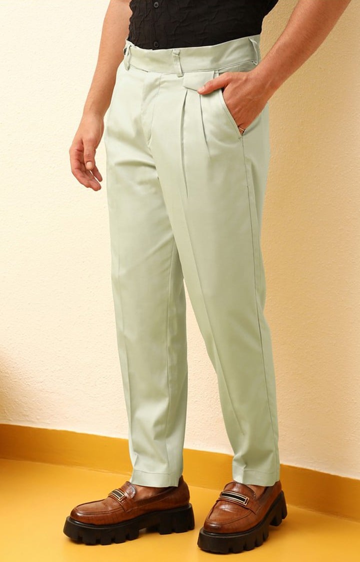 Men's Pale Green Solid Polyester Trousers