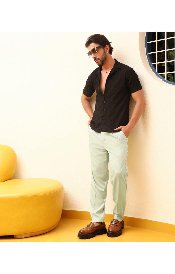Men's Pale Green Solid Polyester Trousers