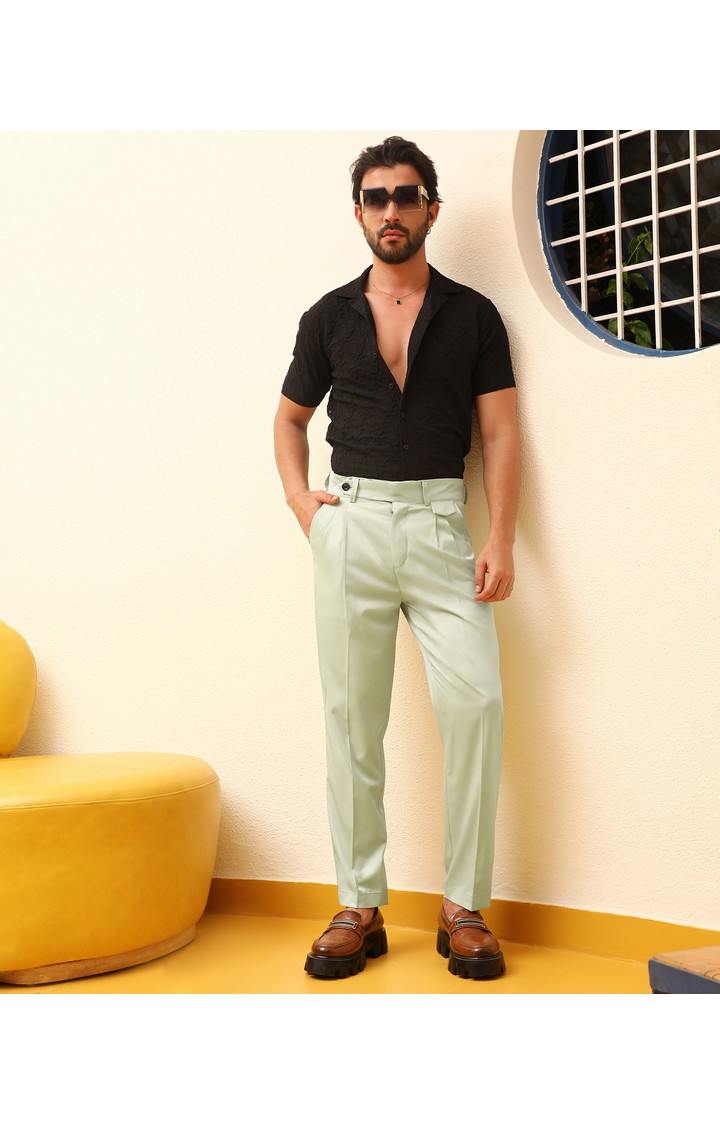 Men's Pale Green Solid Polyester Trousers