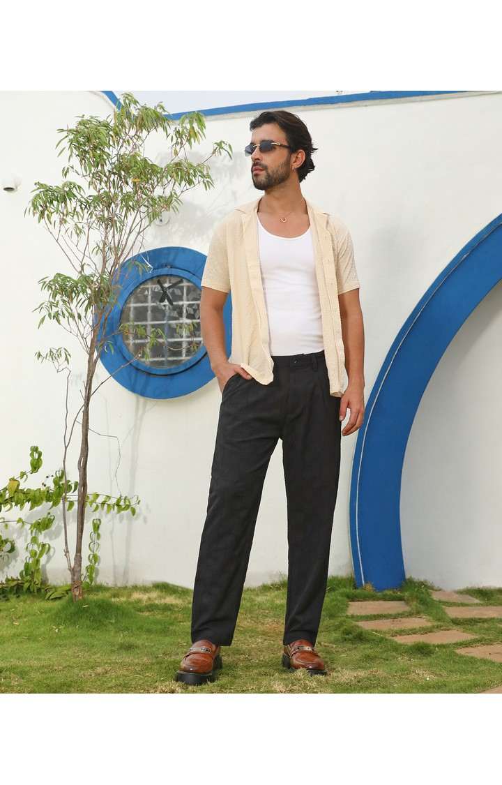 Men's Midnight Black Solid Polyester Trousers