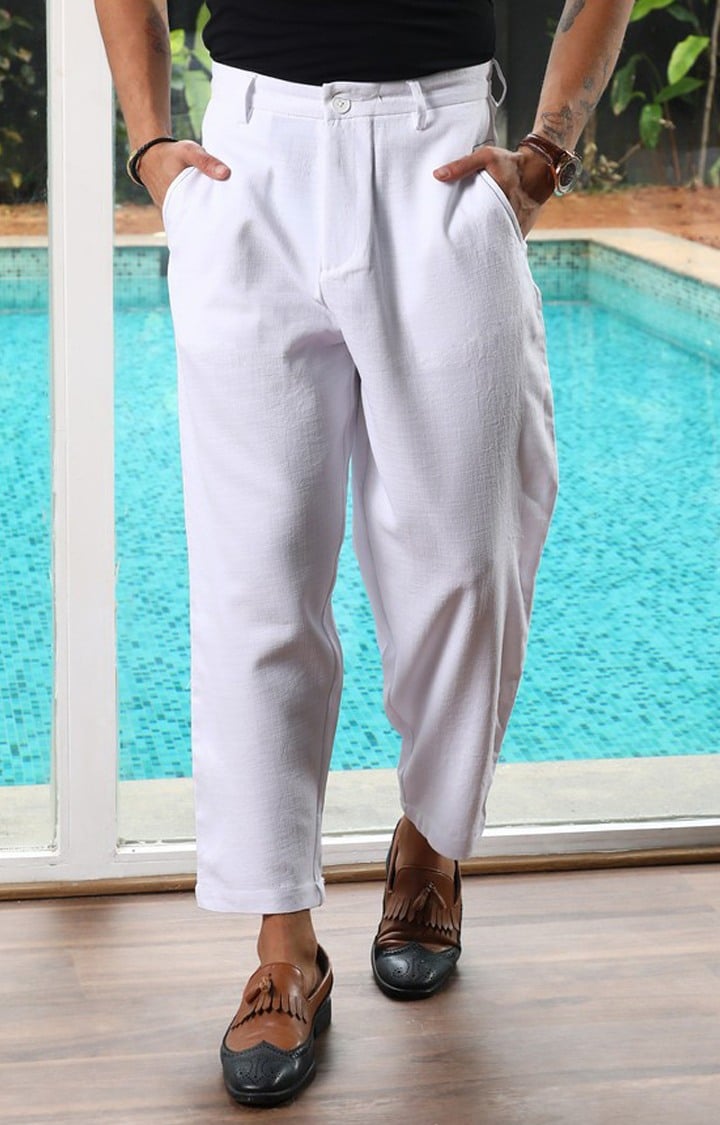 Men's Daisy White Solid Polyester Trousers