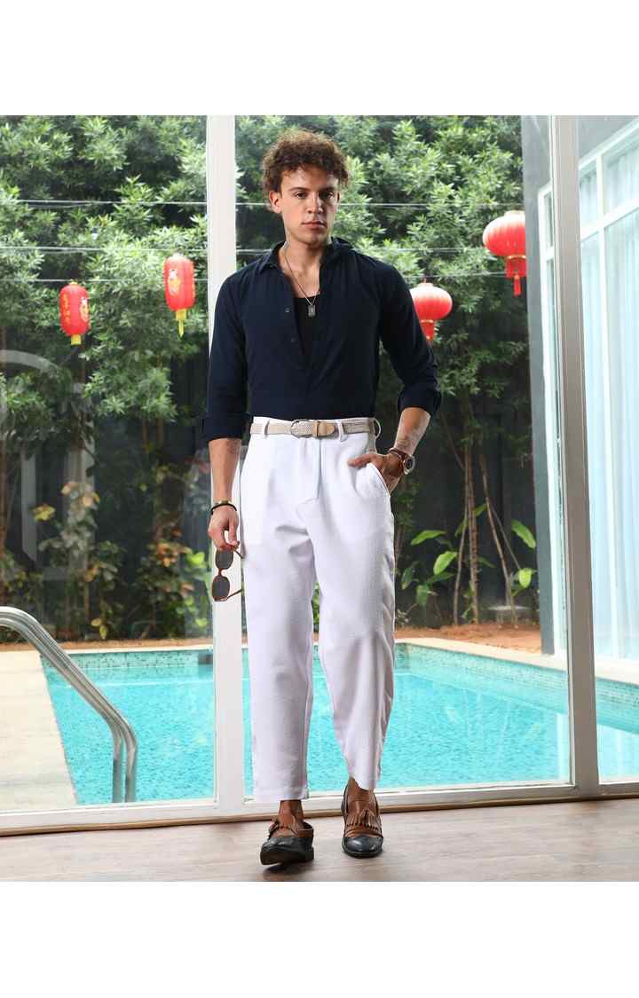Men's Daisy White Solid Polyester Trousers