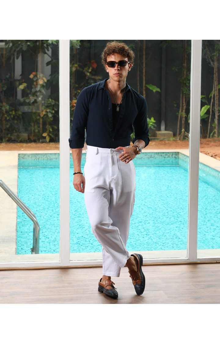 Men's Daisy White Solid Polyester Trousers