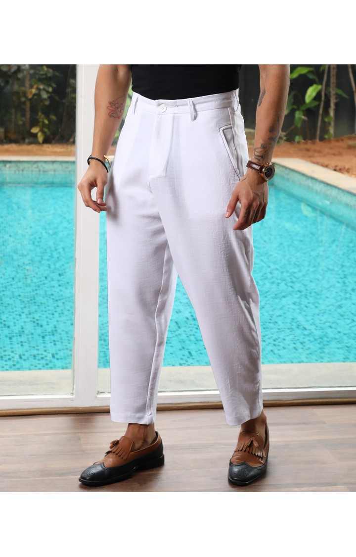 Men's Daisy White Solid Polyester Trousers
