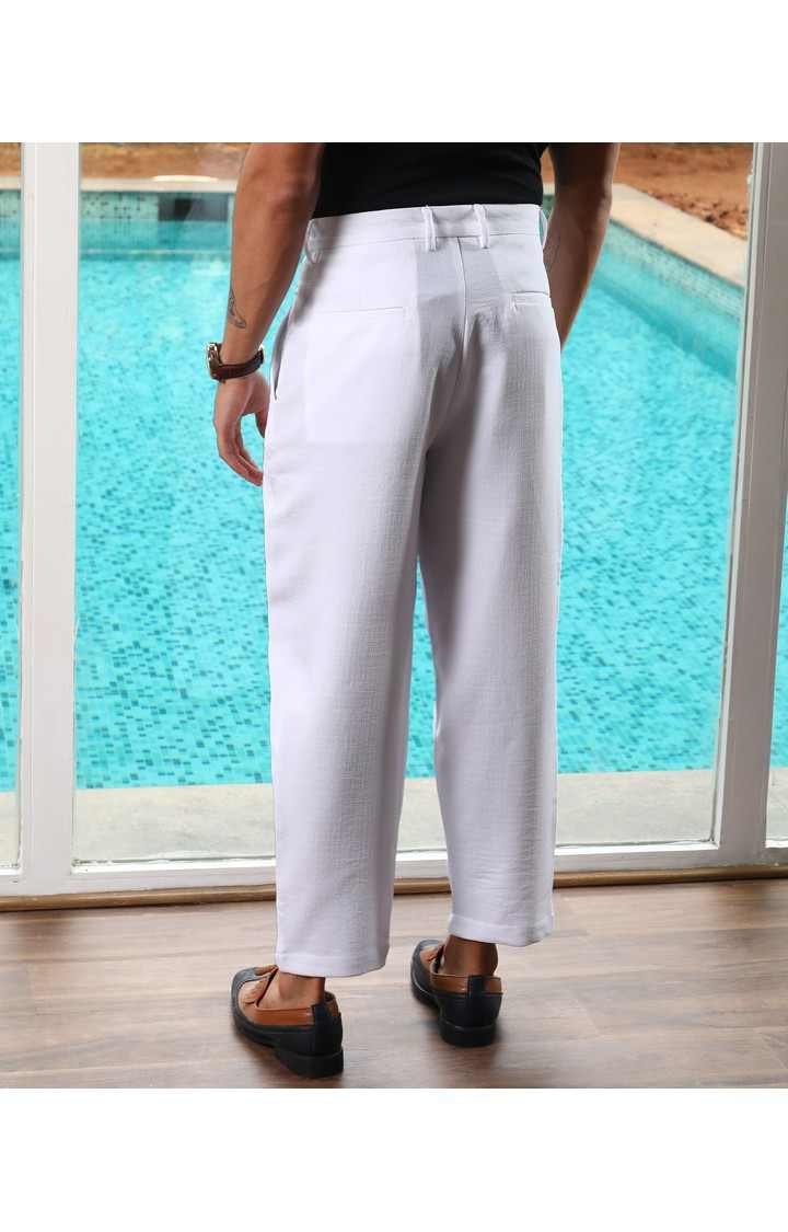 Men's Daisy White Solid Polyester Trousers