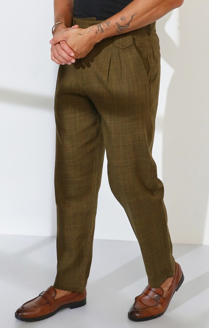 Men's Moss Green Solid Polyester Trousers