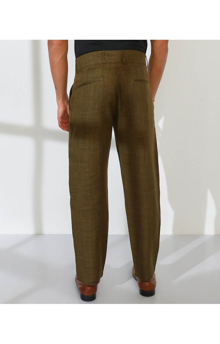 Men's Moss Green Solid Polyester Trousers