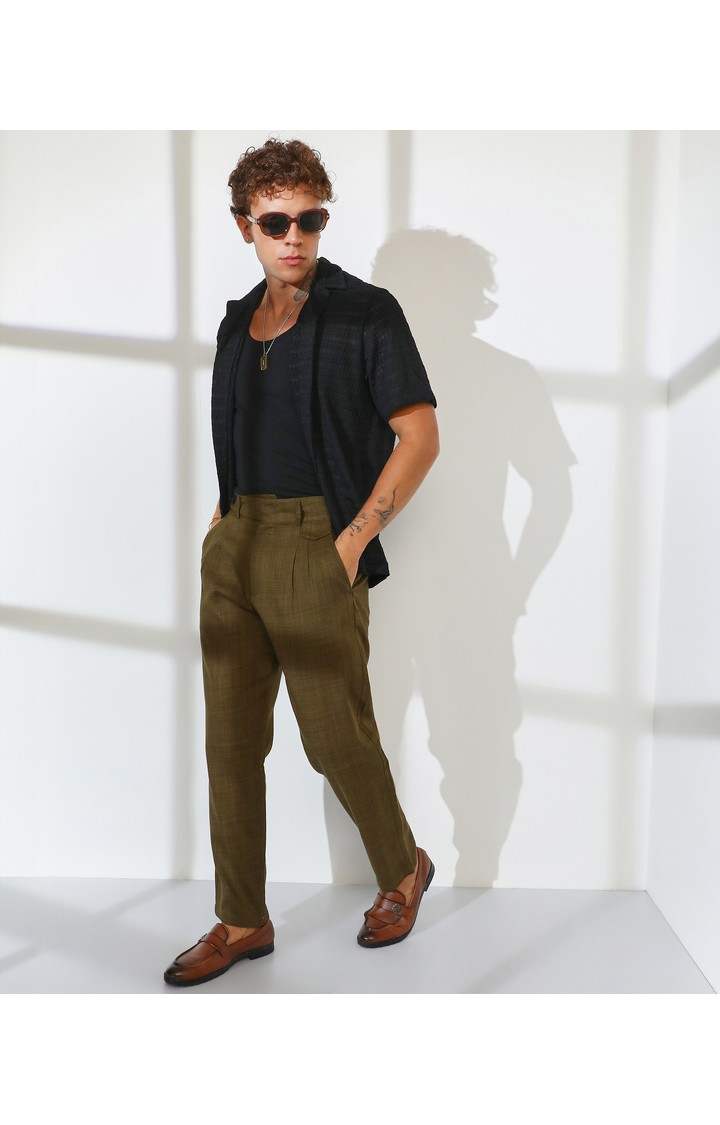 Men's Moss Green Solid Polyester Trousers