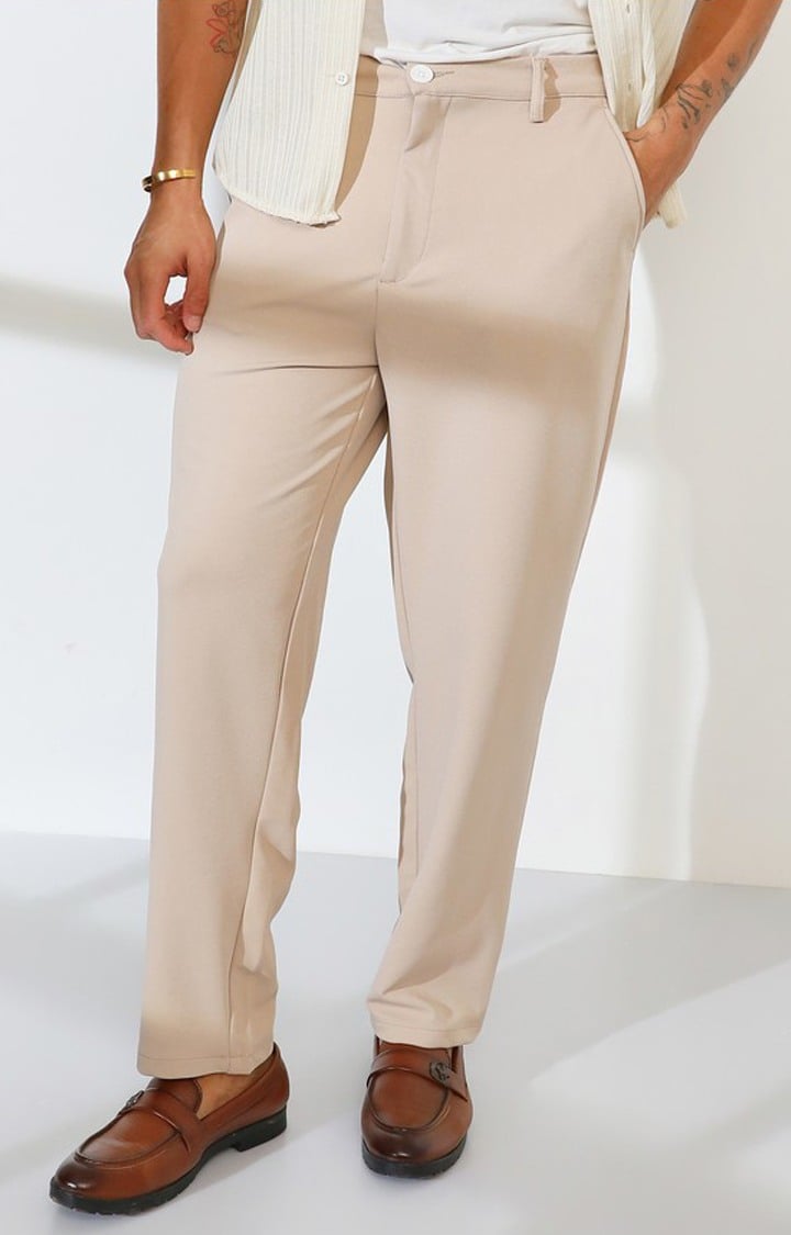 Men's Beige Solid Polycotton Trousers