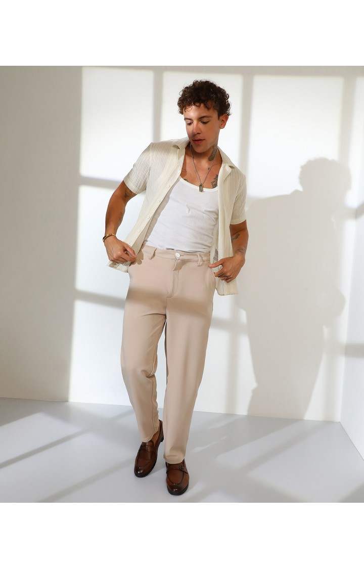 Men's Beige Solid Polycotton Trousers