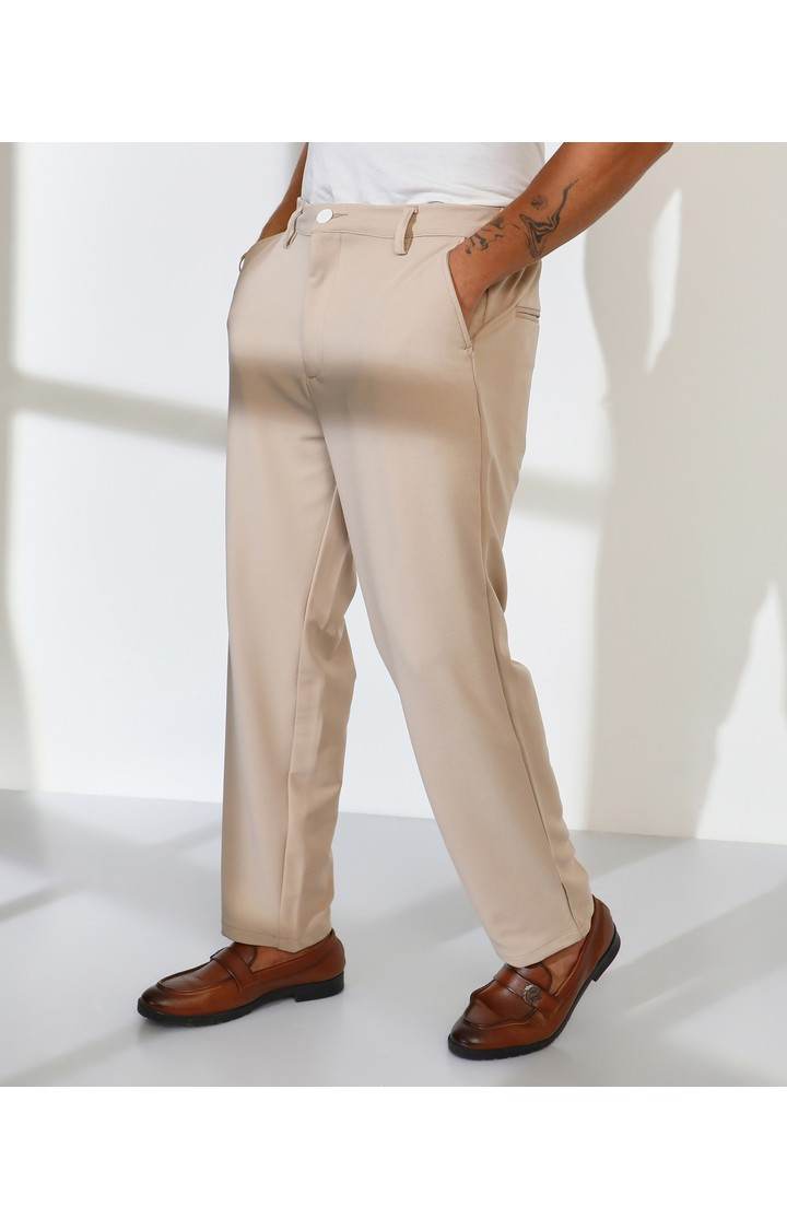 Men's Beige Solid Polycotton Trousers