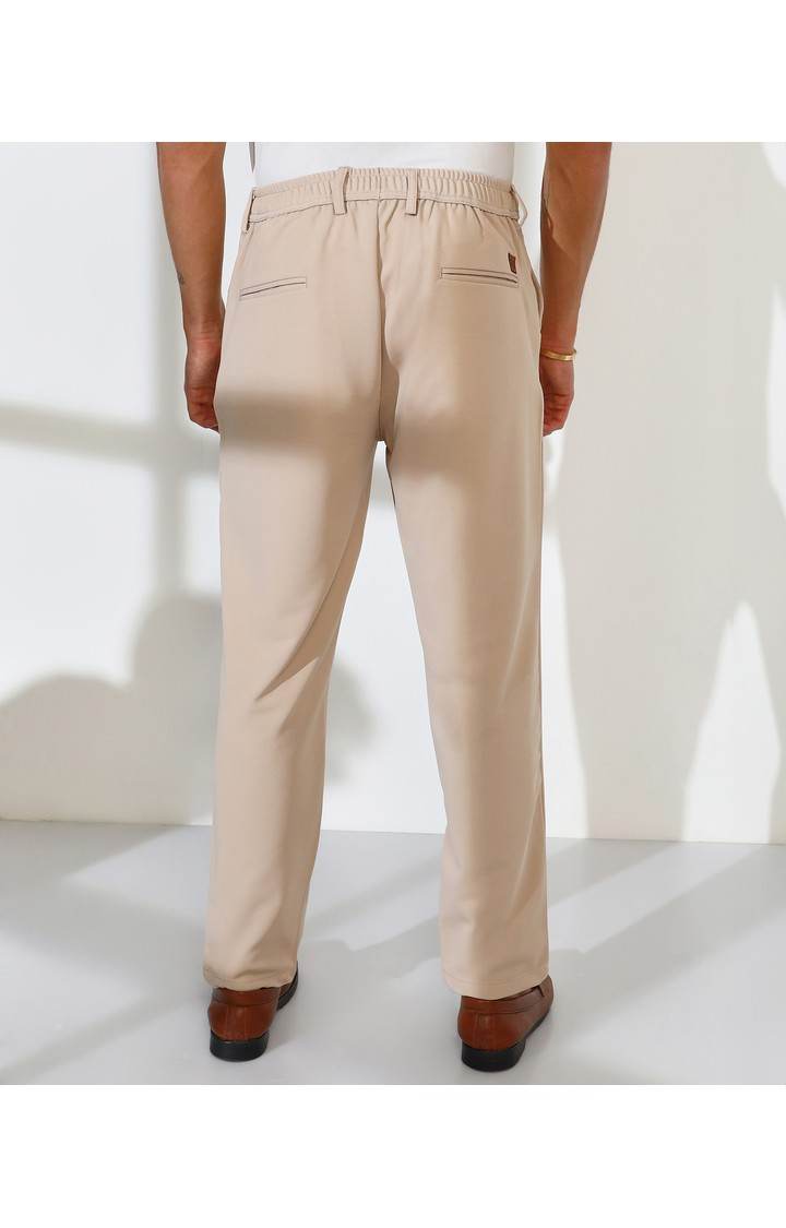 Men's Beige Solid Polycotton Trousers