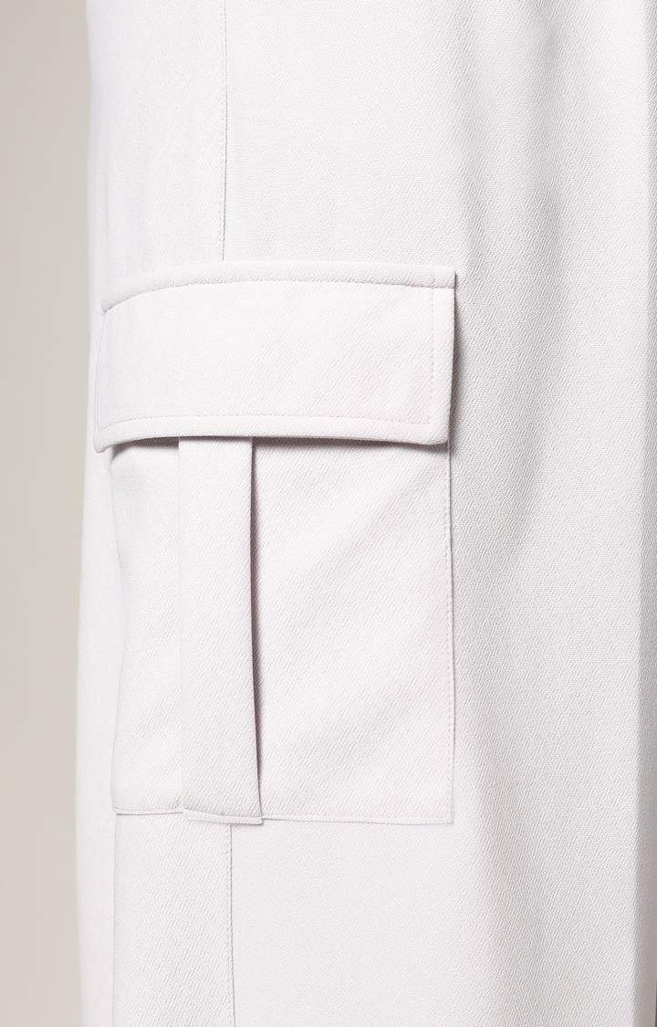 Women's Cream White Solid Polyester Cargos