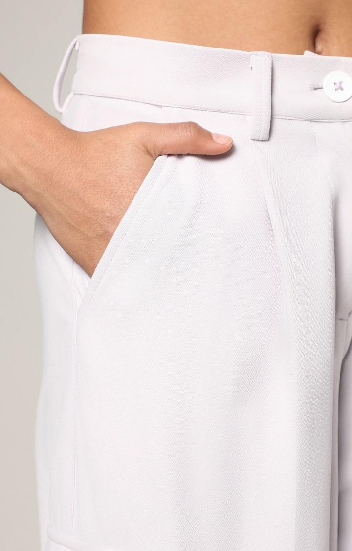 Women's Cream White Solid Polyester Cargos