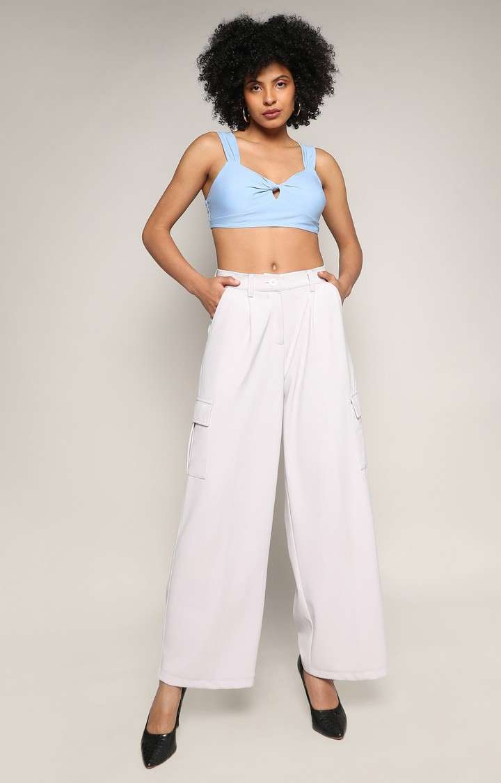 Women's Cream White Solid Polyester Cargos