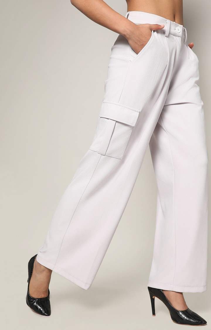 Women's Cream White Solid Polyester Cargos
