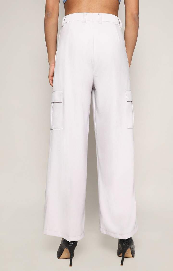Women's Cream White Solid Polyester Cargos
