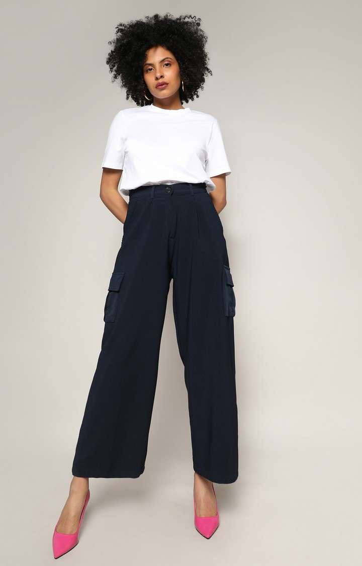 Women's Navy Blue Solid Polyester Cargos