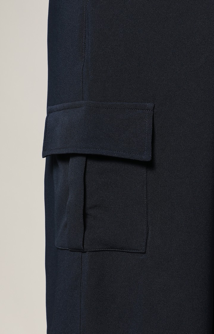 Women's Navy Blue Solid Polyester Cargos