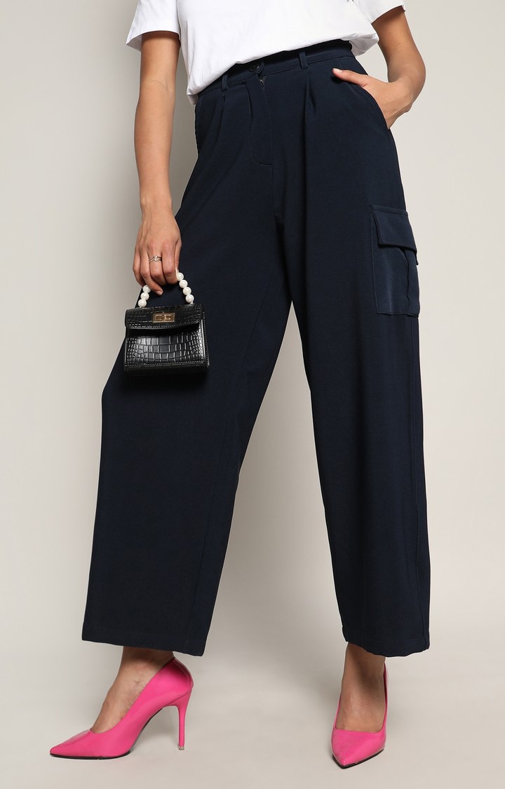 Women's Navy Blue Solid Polyester Cargos