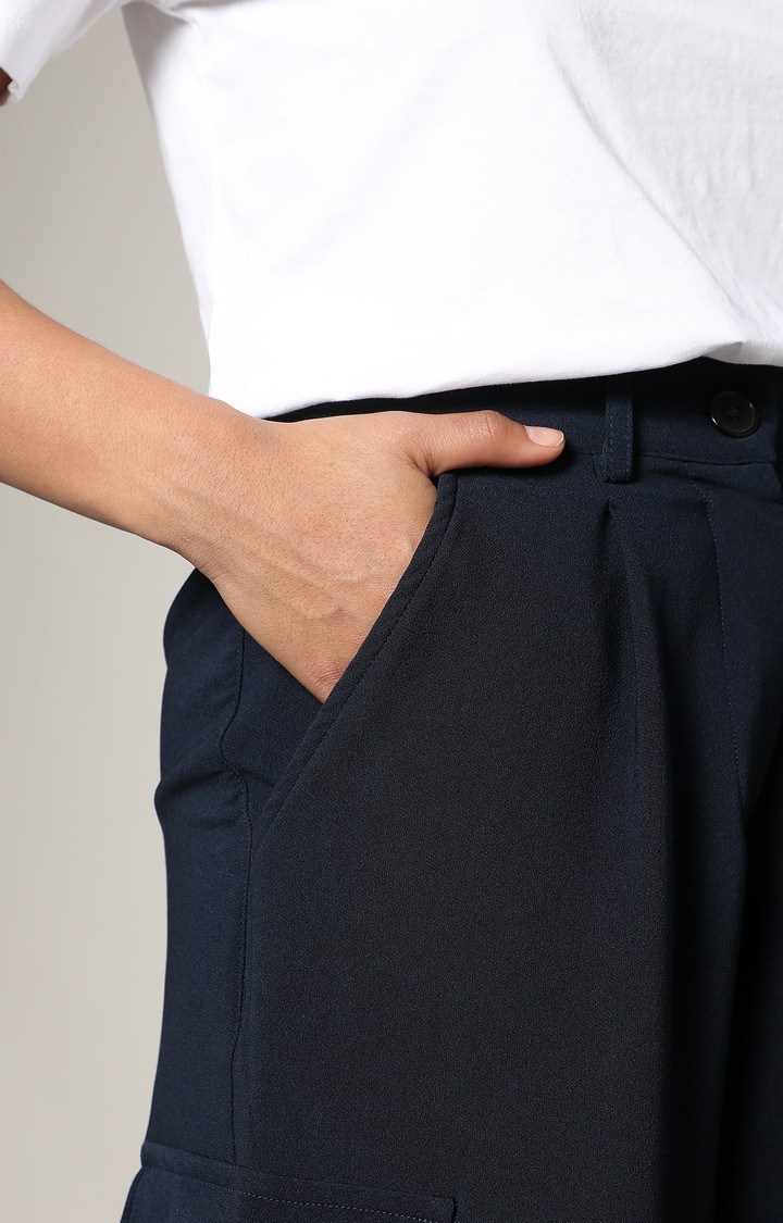 Women's Navy Blue Solid Polyester Cargos