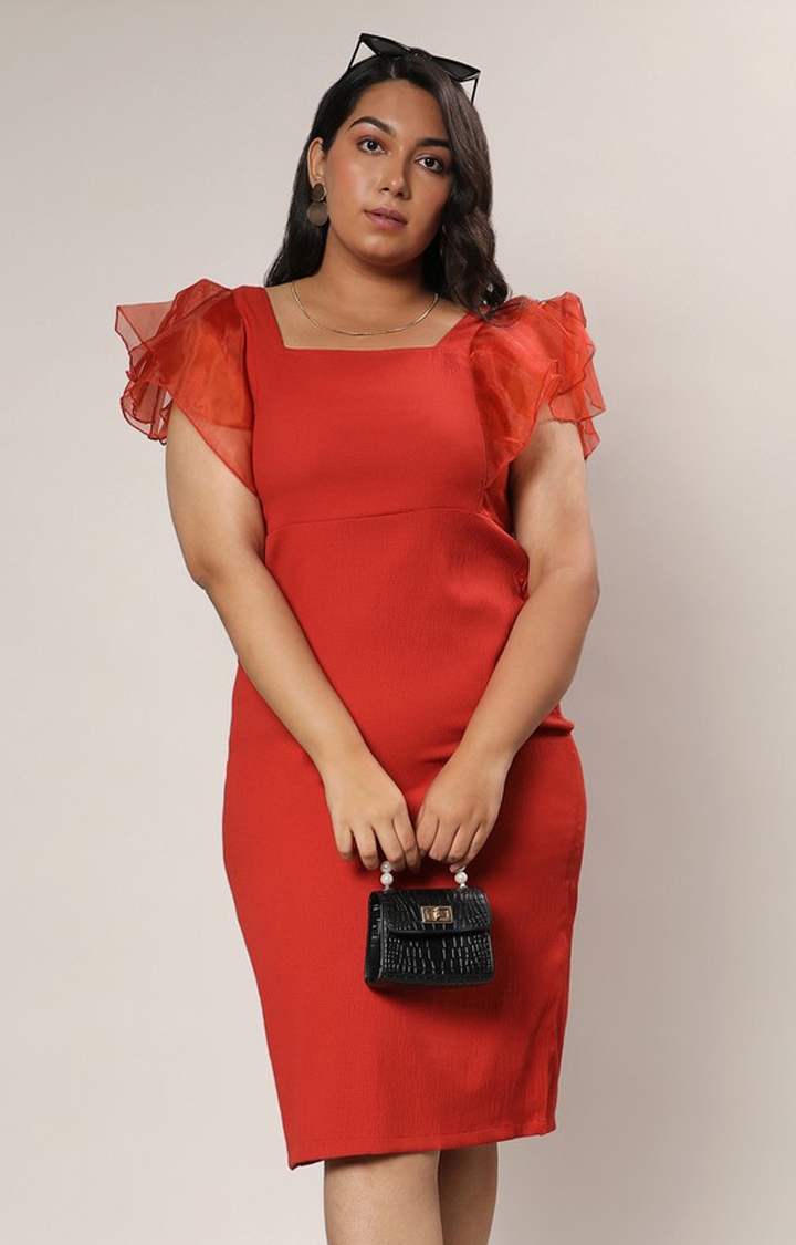 Instafab Plus | Women's Crimson Red Bodycon Dress With Sheer Detail