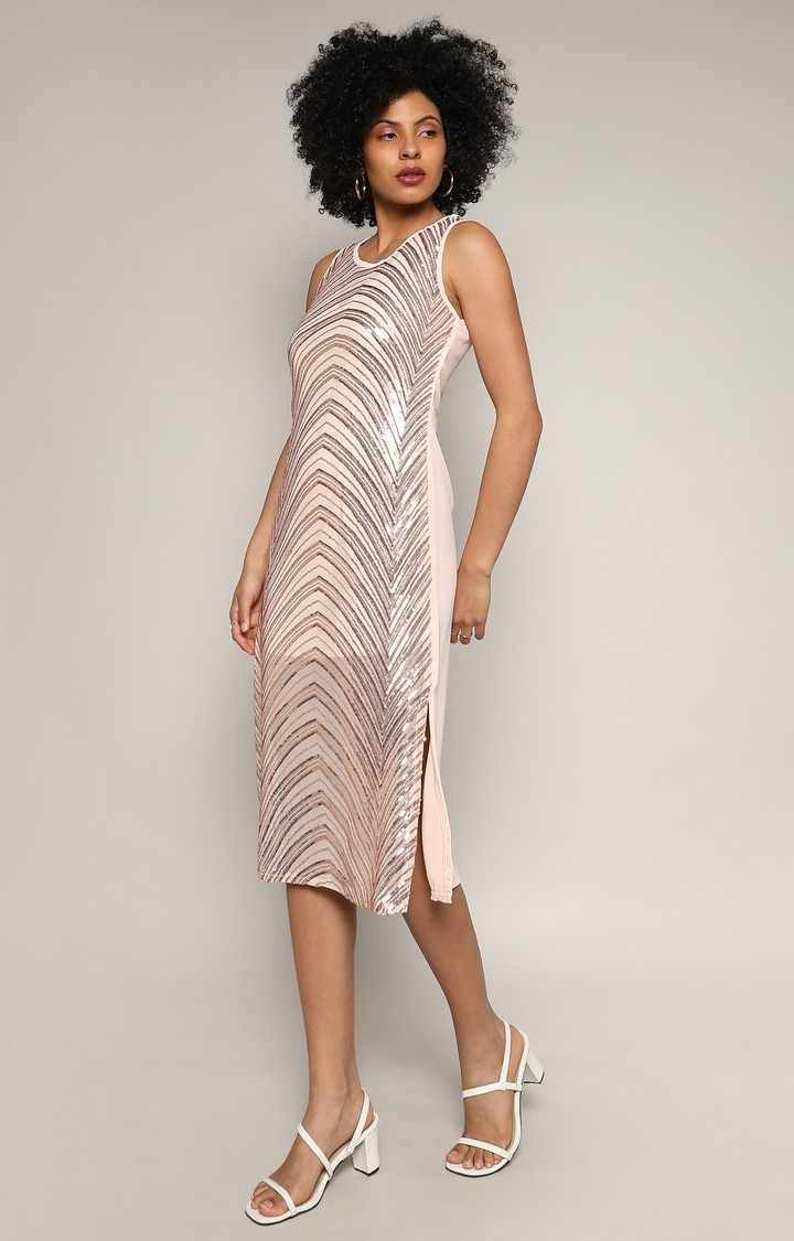 Women's Beige Embellished A-line Dress