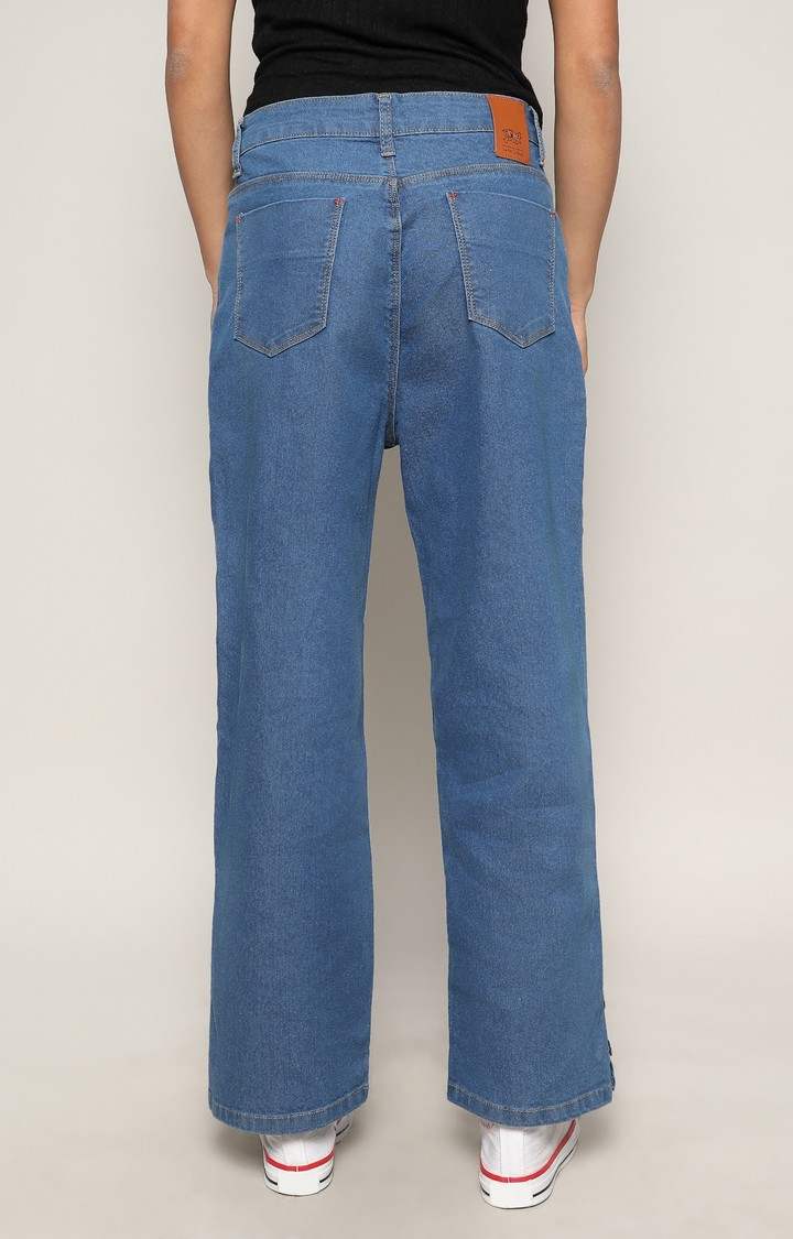 Women's Blue Solid Denim Wide Leg Jeans