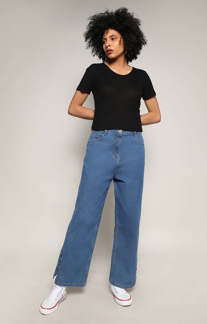 Women's Blue Solid Denim Wide Leg Jeans
