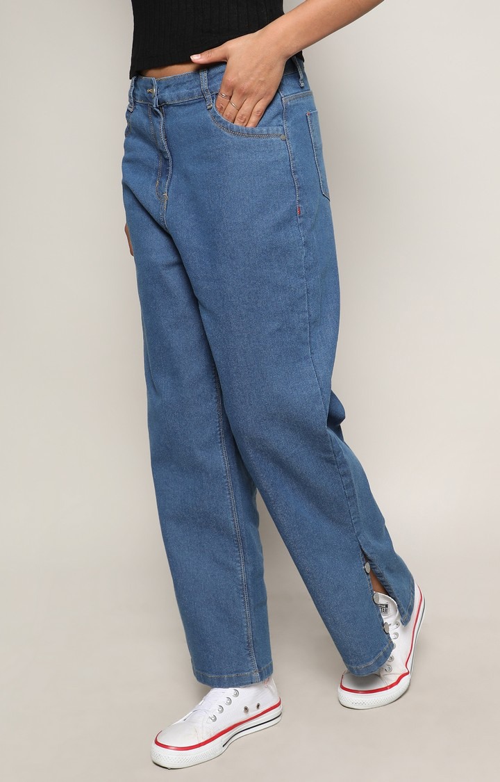 Women's Blue Solid Denim Wide Leg Jeans