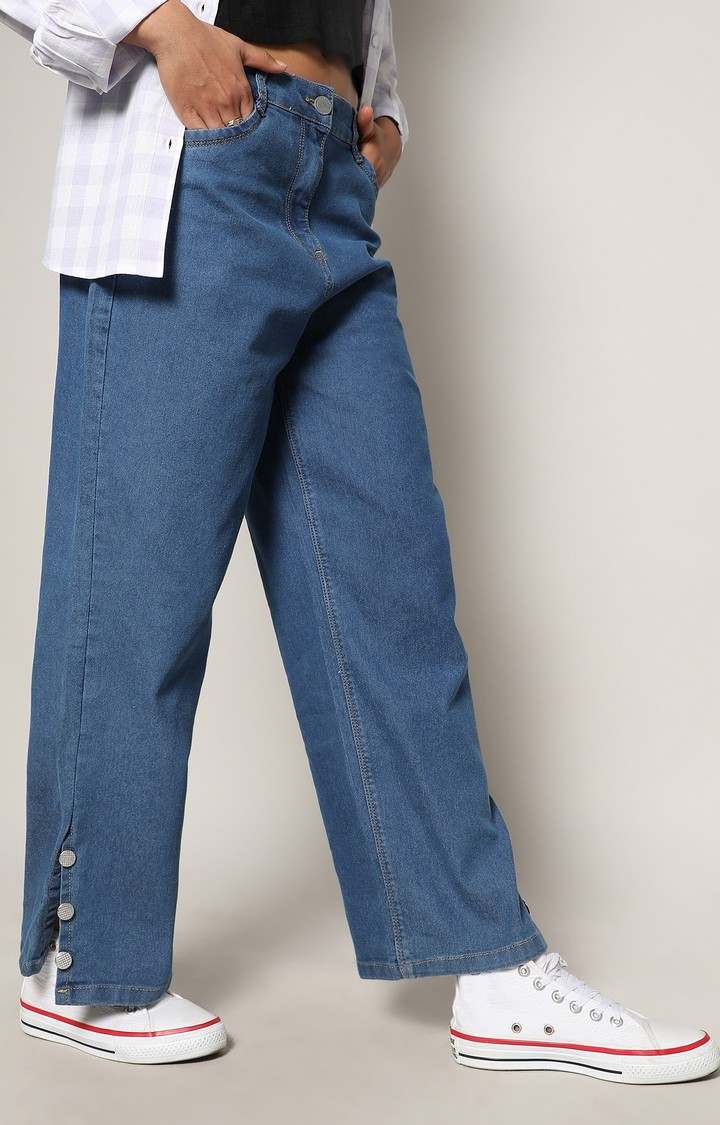 Women's Blue Solid Denim Wide Leg Jeans