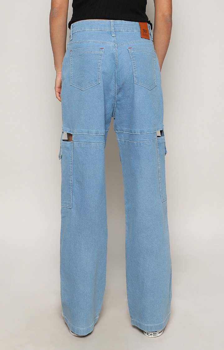 Women's Light Blue Solid Denim Wide Leg Jeans