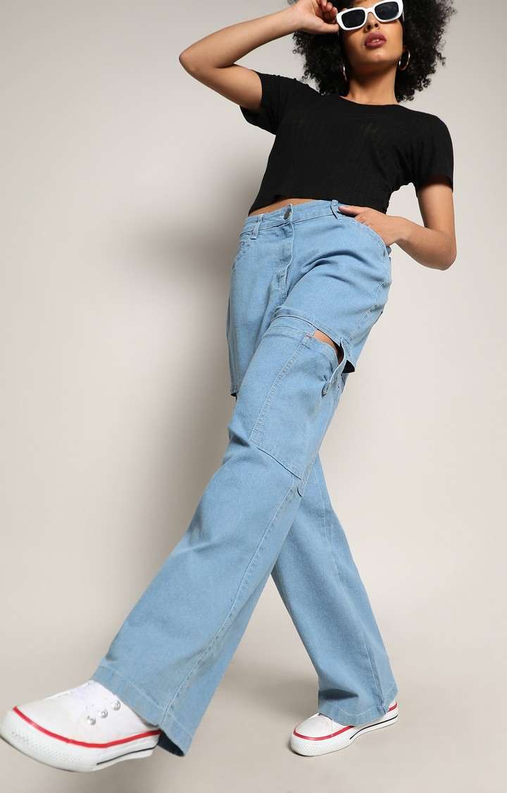 Women's Light Blue Solid Denim Wide Leg Jeans