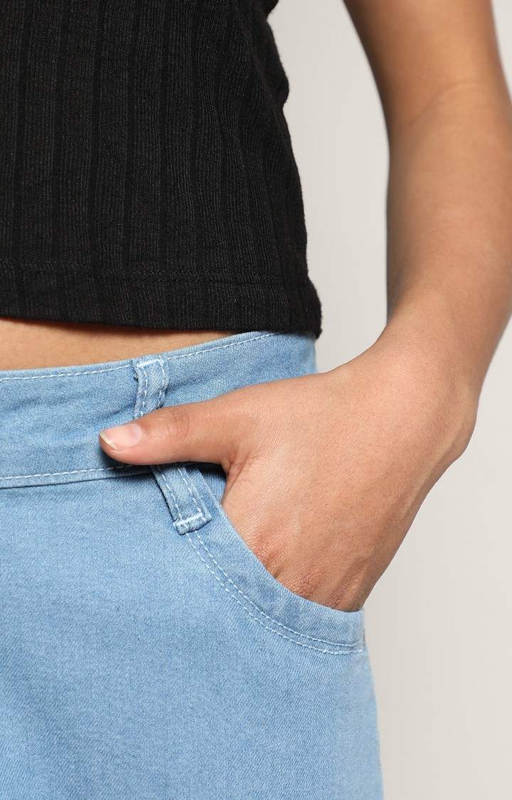 Women's Light Blue Solid Denim Wide Leg Jeans