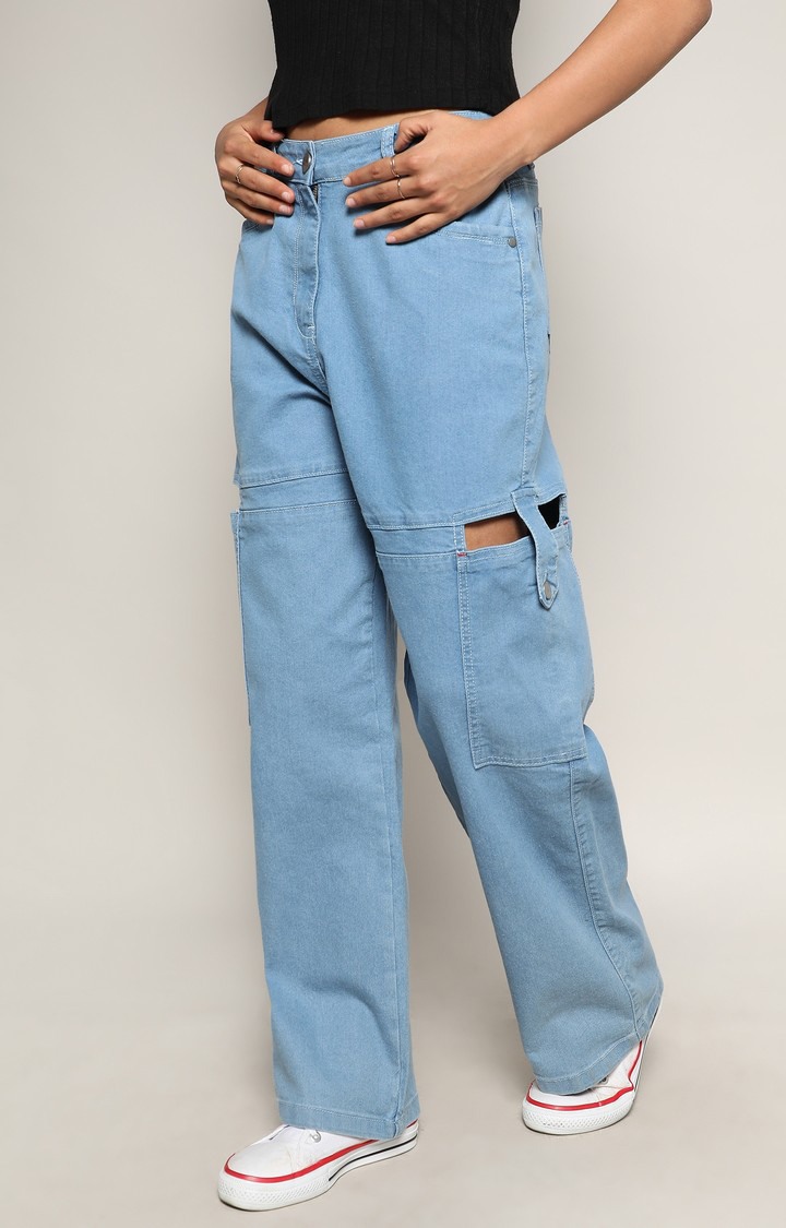 Women's Light Blue Solid Denim Wide Leg Jeans