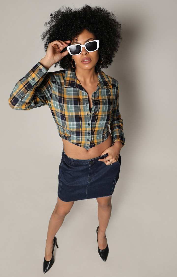 Women's Multicolour Checked Crop Shirt